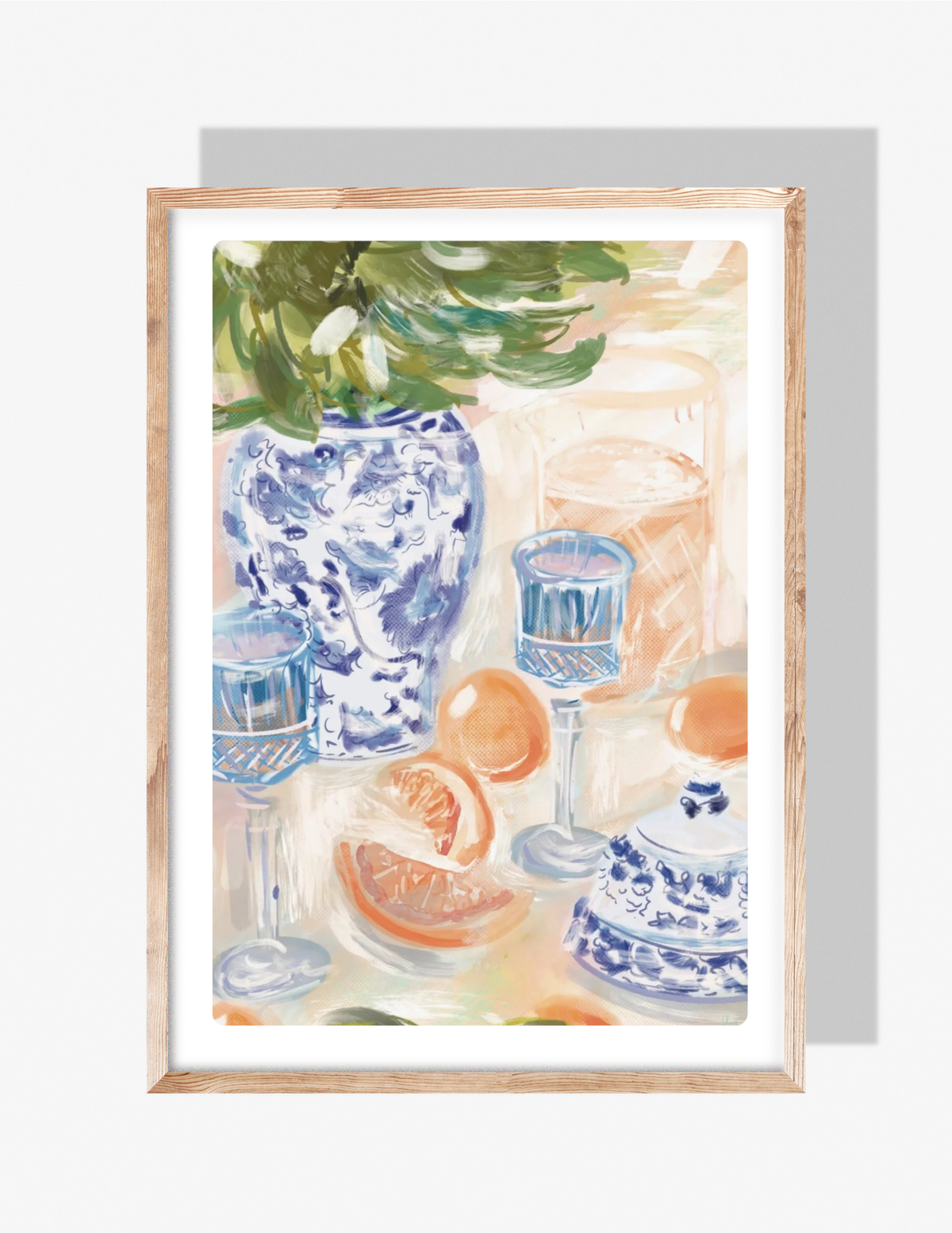 Chinoiserie-style still life illustration with blue and white vase, greenery, blue glassware, citrus slices, and soft pastel tones, artwork by Rebecca Illustrated.