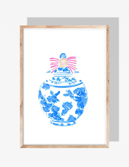 Blue and white chinoiserie ginger jar with floral detailing and a pink bow on top, illustrated by artist Rebecca Illustrated.