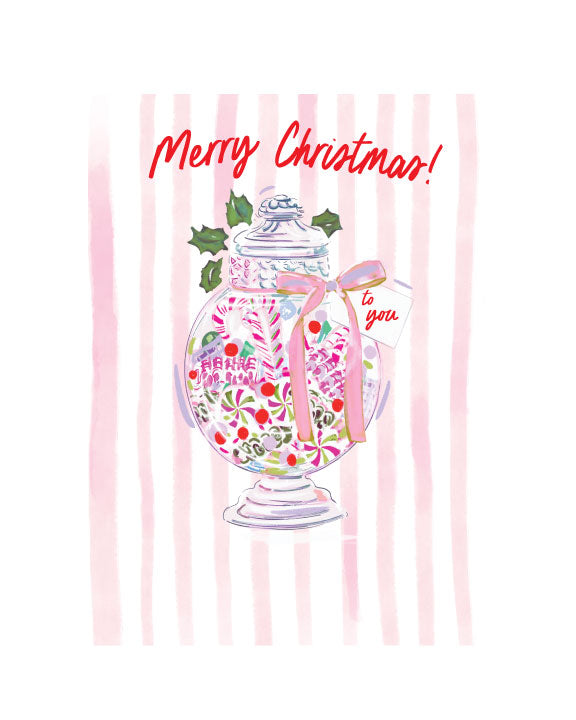 Christmas greeting card with an illustrated candy jar filled with holiday sweets and the text “Merry Christmas to you” on a pink striped background, blank interior