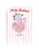 Christmas greeting card with an illustrated candy jar filled with holiday sweets and the text “Merry Christmas to you” on a pink striped background, blank interior