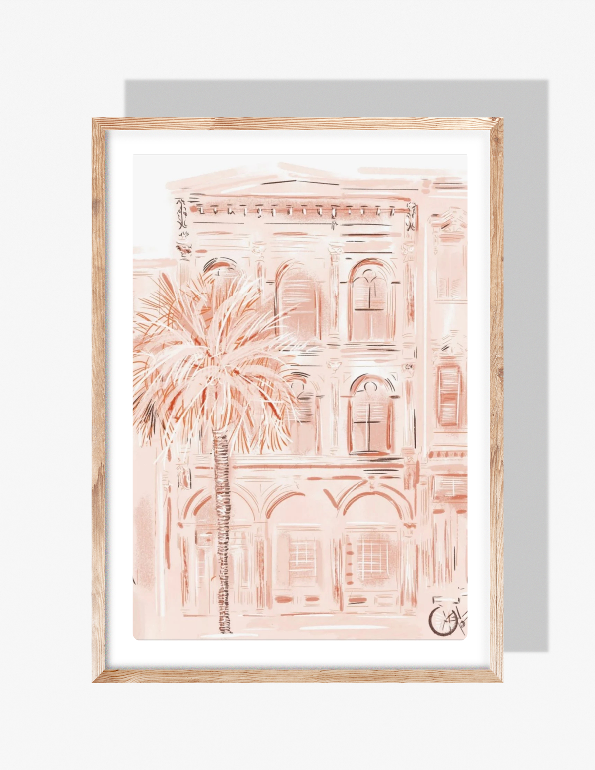 Peach-toned illustration of a historic Charleston building with a palm tree in front, created by artist Rebecca Illustrated.