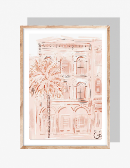 Peach-toned illustration of a historic Charleston building with a palm tree in front, created by artist Rebecca Illustrated.