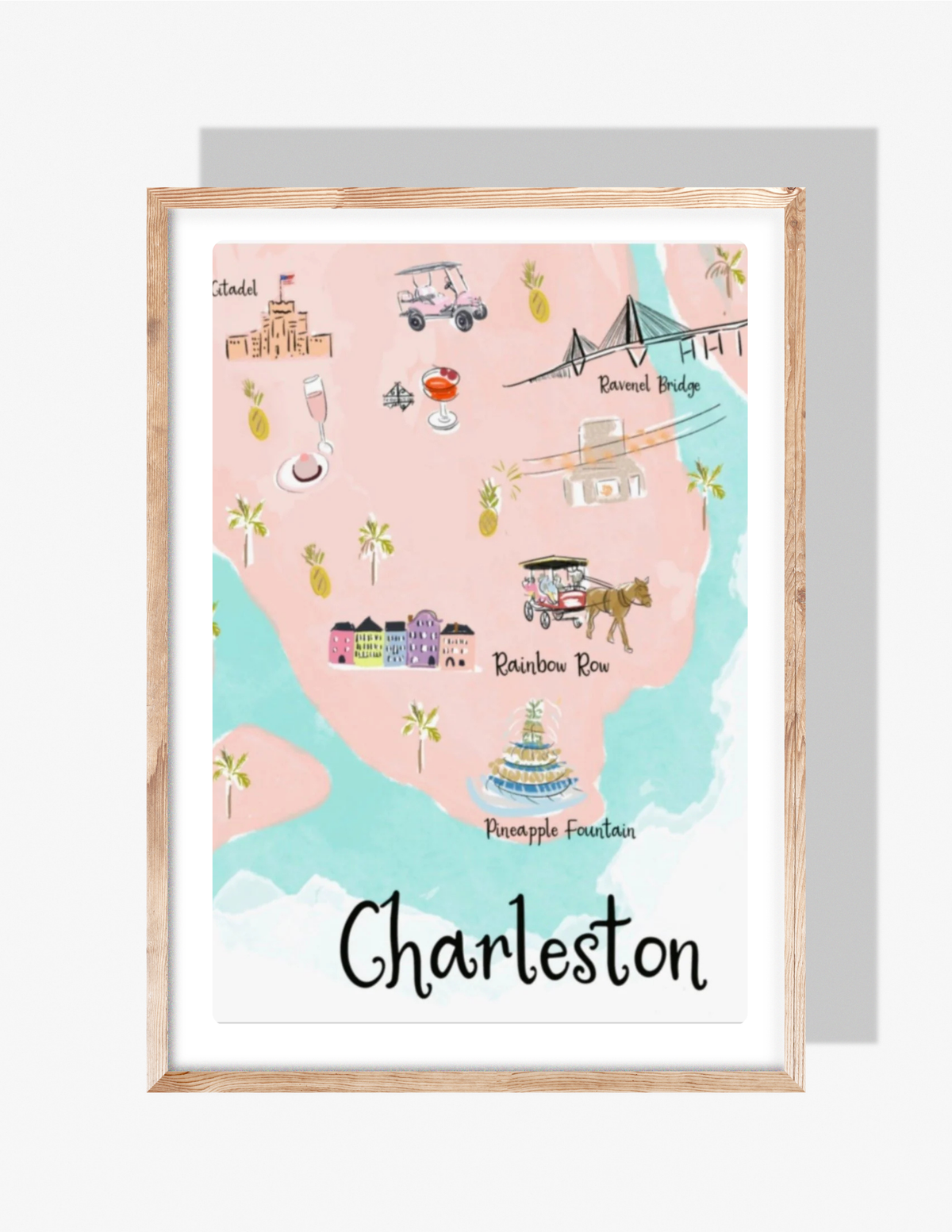 Whimsical illustrated map of Charleston, SC featuring Rainbow Row, Pineapple Fountain, Ravenel Bridge, The Citadel, horse carriage, drinks, palms, and icons, artwork by Rebecca Illustrated.