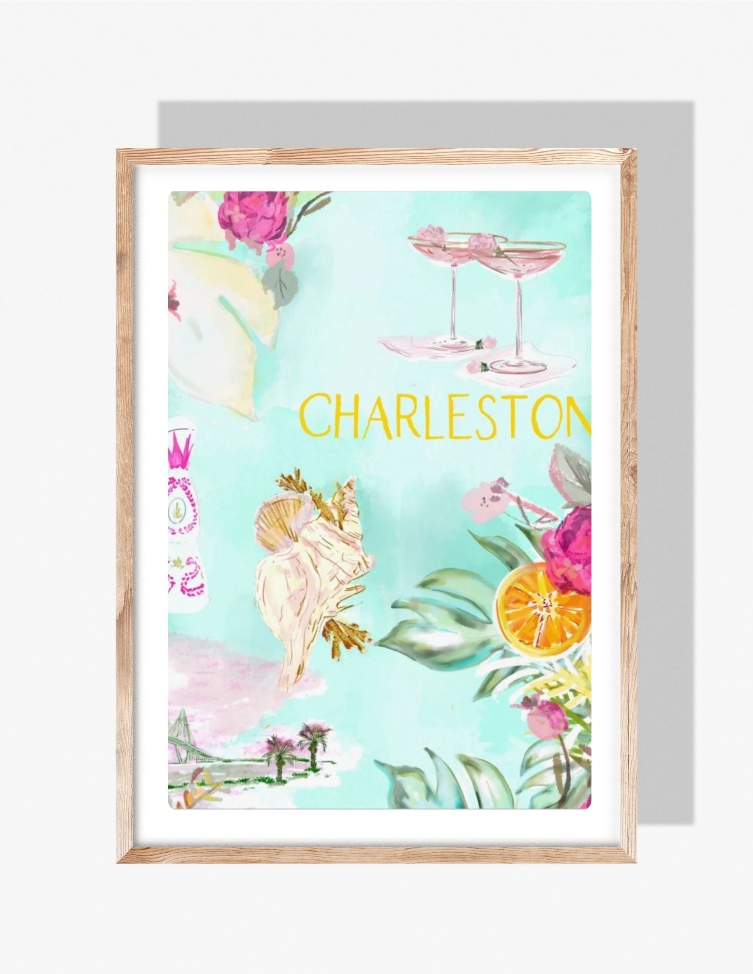 Charleston pastel poster art print by Rebecca Illustrated featuring seashells, cocktails, florals, and coastal tropical elements on a turquoise background.