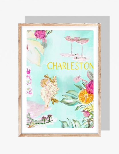 Charleston pastel poster art print by Rebecca Illustrated featuring seashells, cocktails, florals, and coastal tropical elements on a turquoise background.