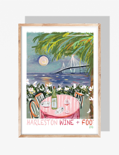 Illustration of Charleston Wine + Food Festival scene with oysters, wine bottle, table setting, flowers, and Ravenel Bridge at sunset by Rebecca Illustrated.