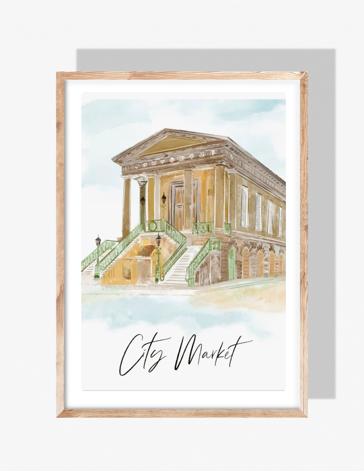 Illustration of the Charleston City Market building with tall columns, green iron stair railings, and historic southern architecture, artwork by Rebecca Illustrated.