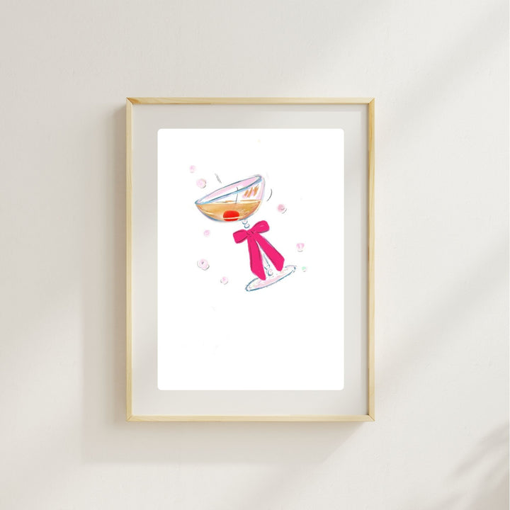 Illustration of a champagne coupe glass with a pink bow and floating bubbles.