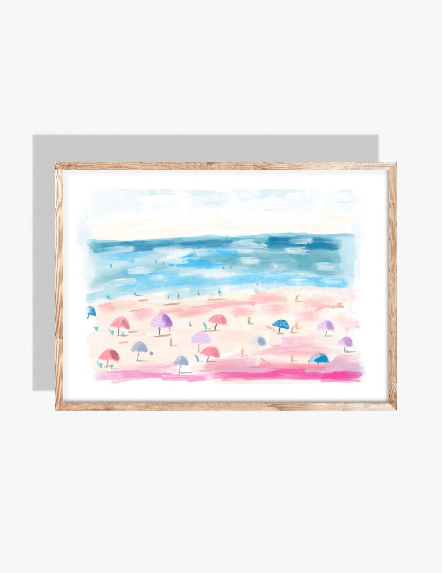 Pastel beach illustration featuring colorful umbrellas, soft sand, and blue ocean waves, artwork by Rebecca Illustrated.