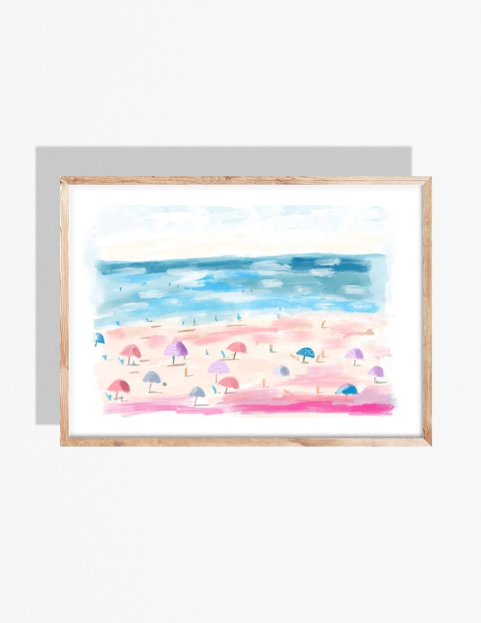 Pastel beach illustration featuring colorful umbrellas, soft sand, and blue ocean waves, artwork by Rebecca Illustrated.