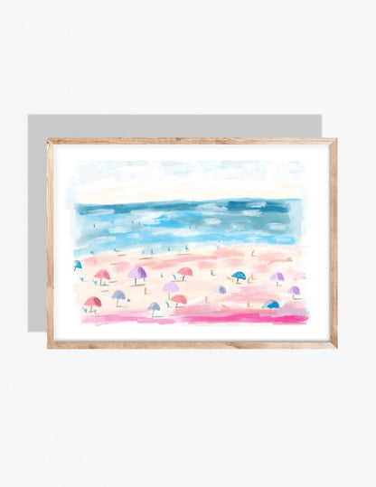 Pastel beach illustration featuring colorful umbrellas, soft sand, and blue ocean waves, artwork by Rebecca Illustrated.