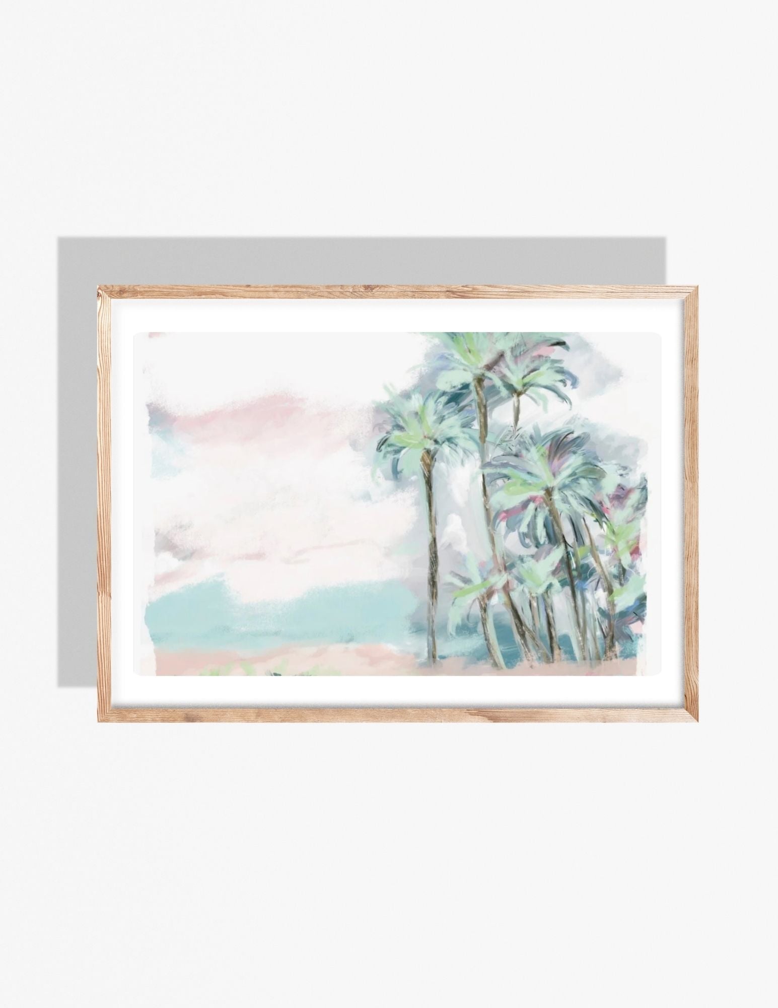 Pastel coastal painting with tall palm trees and soft pink and blue sky by Rebecca Illustrated.