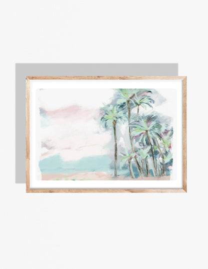 Pastel coastal painting with tall palm trees and soft pink and blue sky by Rebecca Illustrated.
