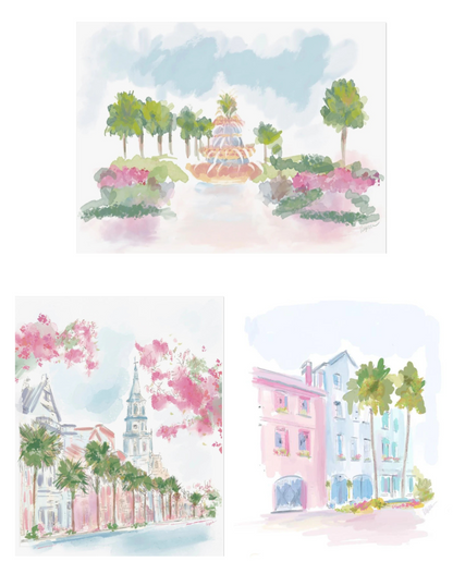 Three-piece Charleston art set featuring the Pineapple Fountain, St. Philip’s church street scene, and Rainbow Row pastel houses, illustrated in watercolor by Rebecca Illustrated.