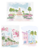 Three-piece Charleston art set featuring the Pineapple Fountain, St. Philip’s church street scene, and Rainbow Row pastel houses, illustrated in watercolor by Rebecca Illustrated.