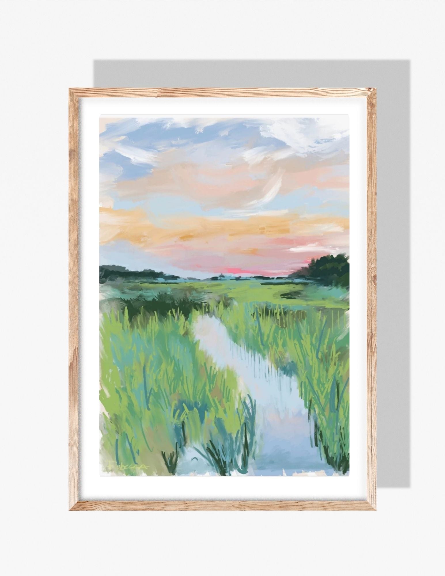 Pastel coastal marsh landscape illustration with a sunset sky and winding waterway, created by artist Rebecca Illustrated.