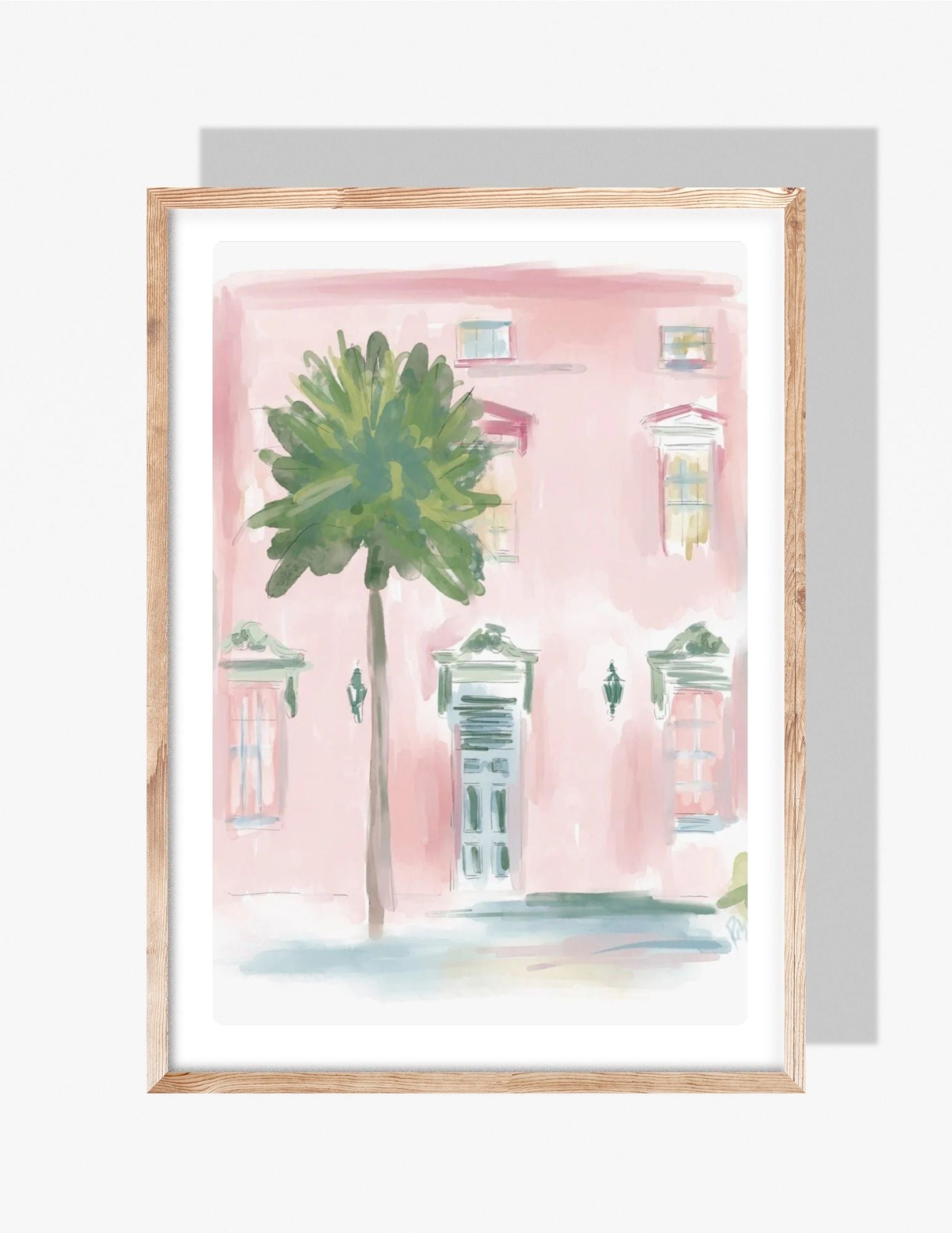 Pastel illustration of the Charleston skyline featuring St. Philip’s Church and the Ravenel Bridge by artist Rebecca Illustrated.