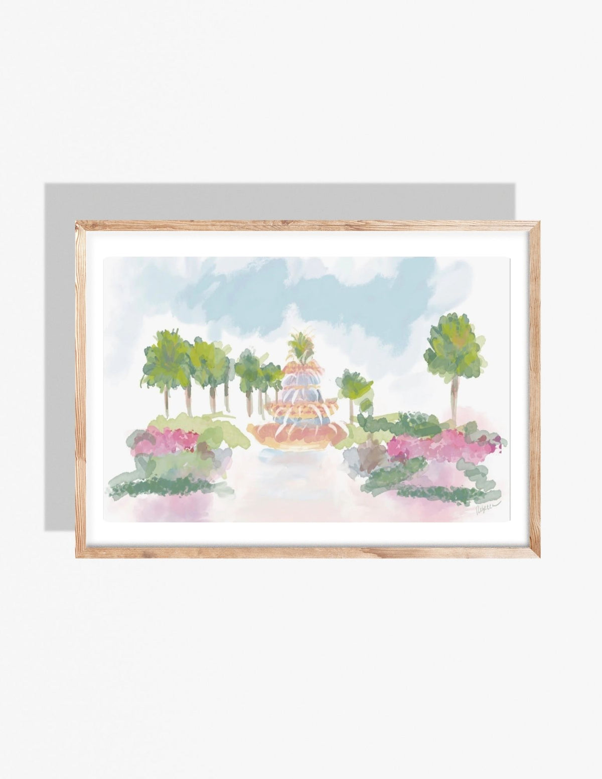 Pastel watercolor illustration of the Pineapple Fountain in Charleston’s Waterfront Park, with palms, gardens, and soft sky, by Rebecca Illustrated.