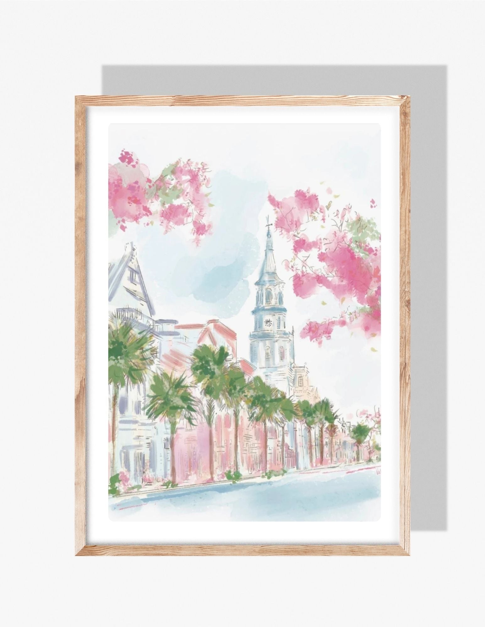 Pastel illustration of Charleston’s Spring Street with palm trees, historic buildings, blooming pink flowers, and a church steeple — artwork by Rebecca Illustrated.