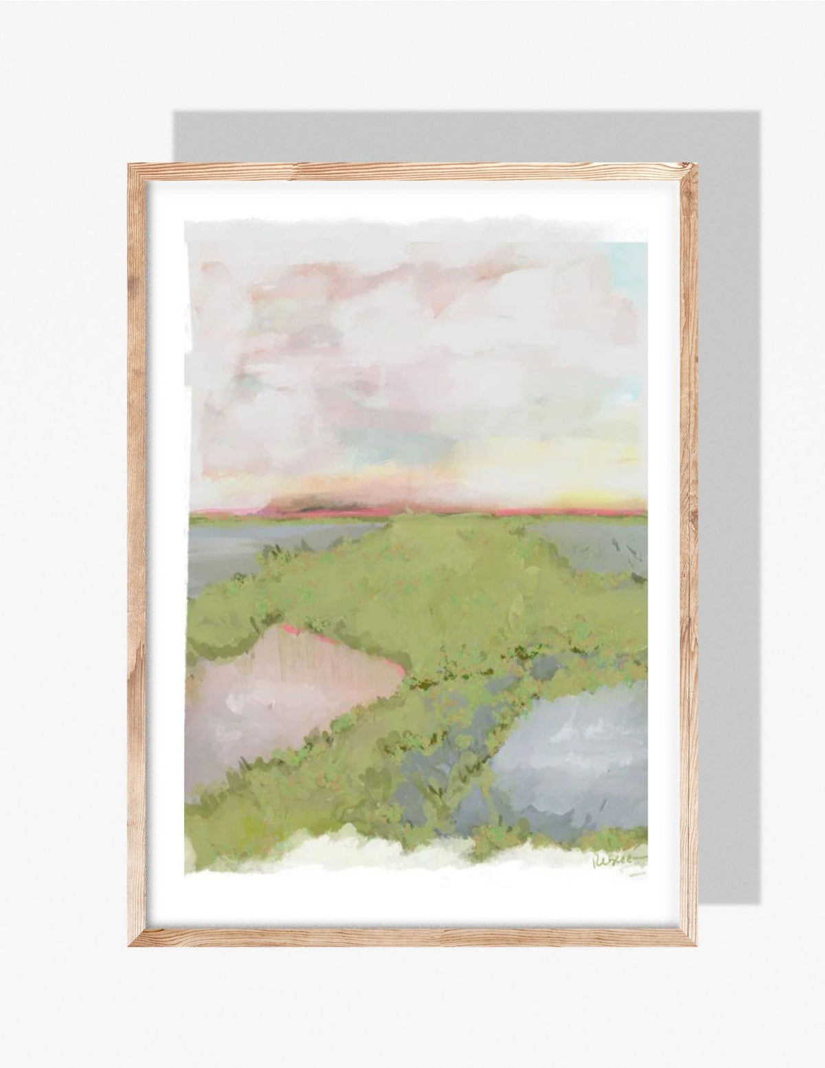 Pastel coastal sunset landscape art print featuring marsh grasses, soft horizon colors, and painterly textures, artwork by Rebecca Illustrated.