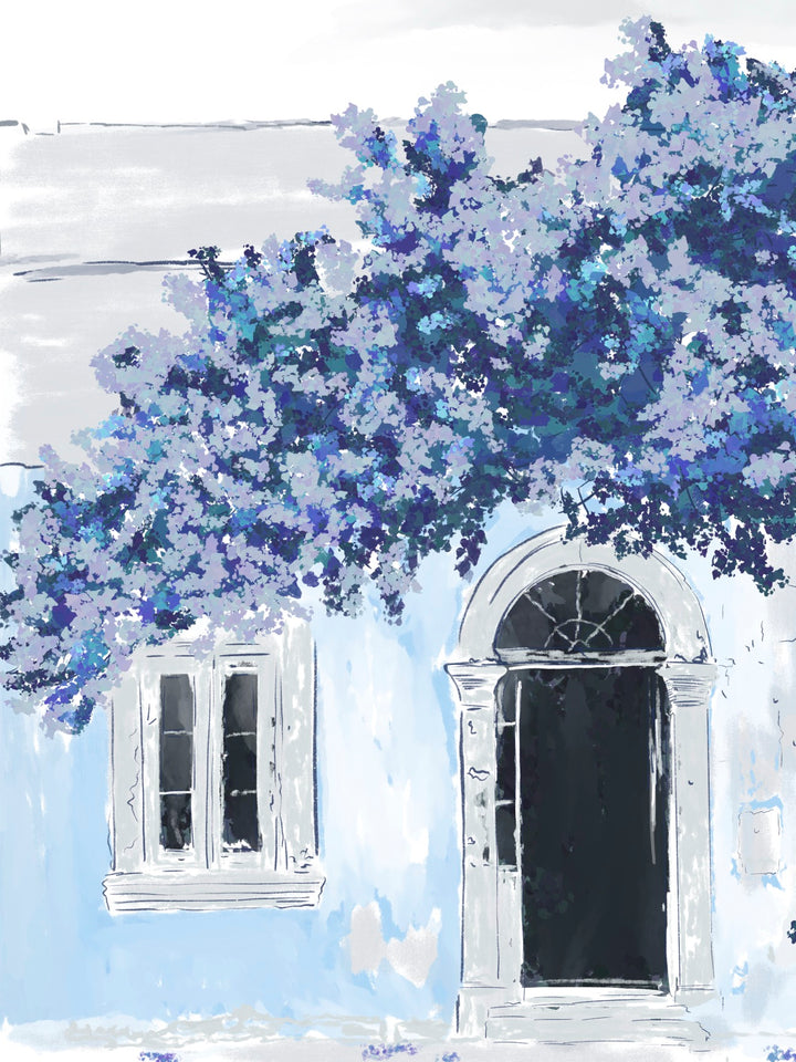 Watercolor-style illustration of a soft blue coastal house with arched doorway and a large blue-purple flowering tree, by Rebecca Illustrated.