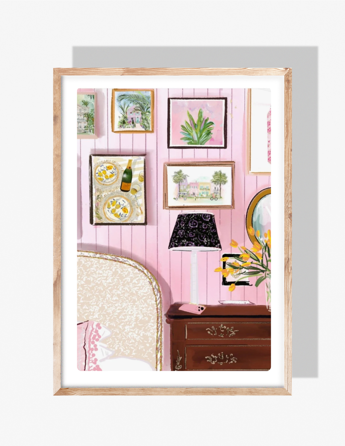 Illustration of a pink bedroom with gallery wall art, floral bed, bedside table, lamp, and framed artwork by Rebecca Illustrated.