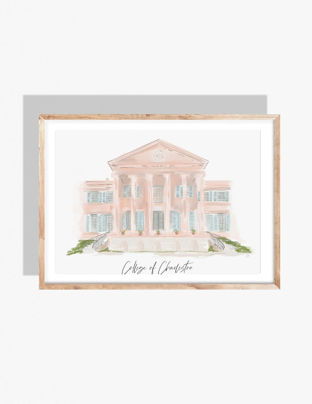 Watercolor-style illustration of the College of Charleston main building in soft pastels, created by Rebecca Illustrated.