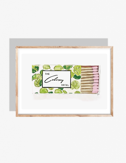 Illustration of a Colony Hotel matchbox with green patterned design and pink match tips, artwork by Rebecca Illustrated.