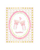 Illustrated congratulations greeting card featuring two pink cocktail glasses with bows, hearts, and a decorative pink patterned border, by Rebecca Illustrated.