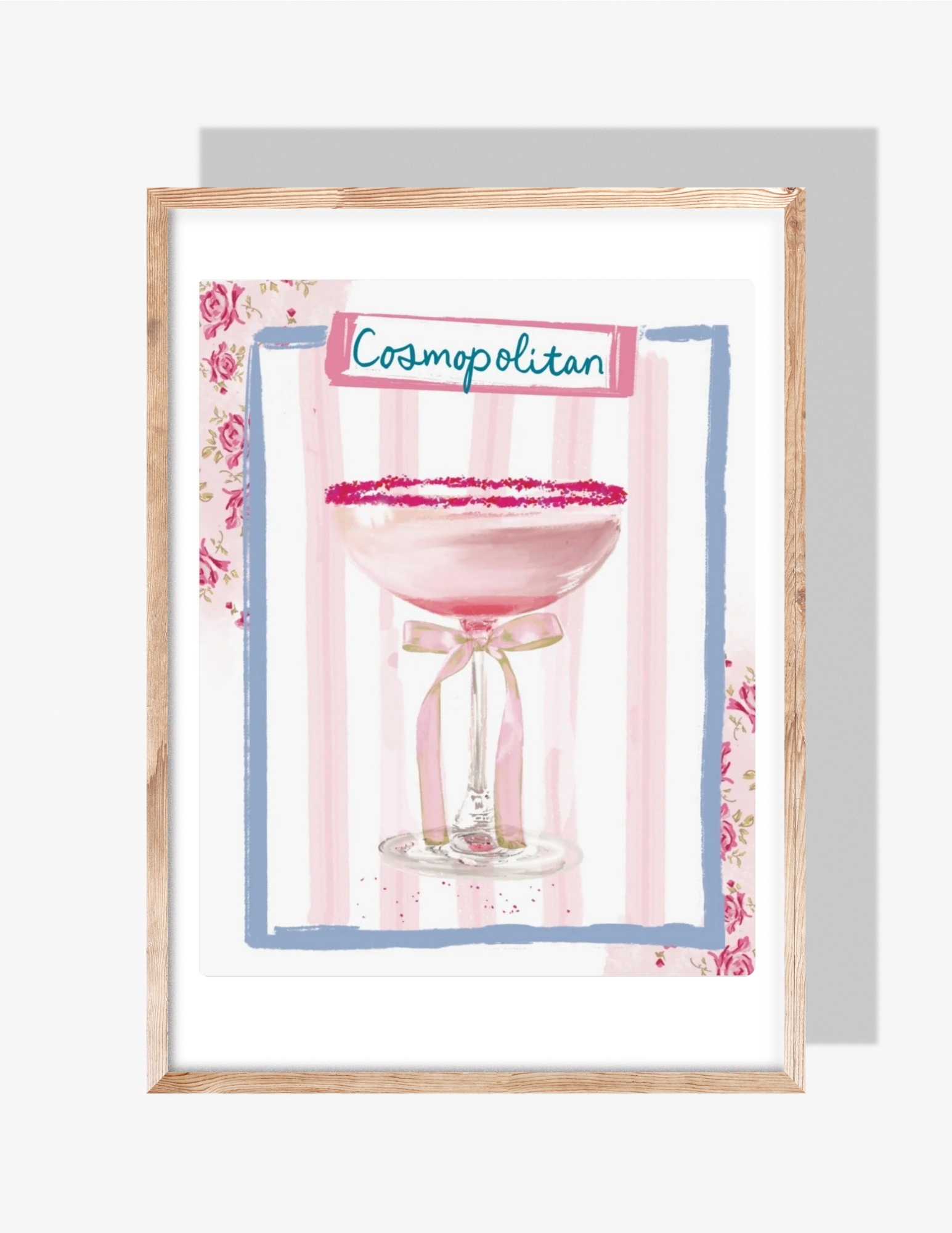 A feminine illustration by Rebecca Illustrated of a Cosmopolitan cocktail in a coupe glass with a pink sugar rim and ribbon bow, framed by pink stripes and floral patterns.