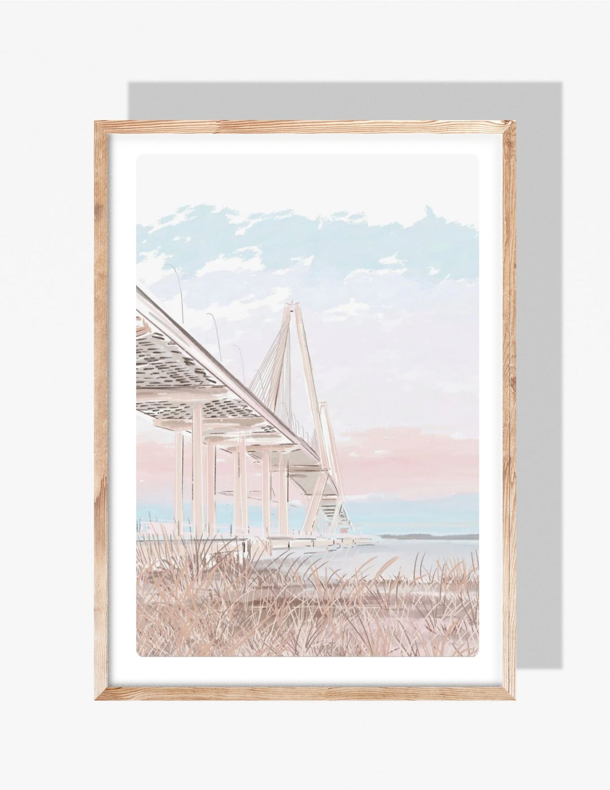 Pastel illustration of the Ravenel Bridge in Charleston with soft cotton-candy sky tones, created by artist Rebecca Illustrated.