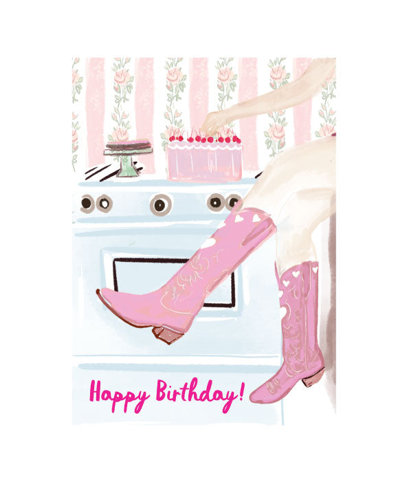 Illustrated cowgirl birthday greeting card featuring pink cowboy boots and cake with the text “Happy Birthday!” by Rebecca Illustrated