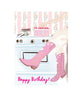 Illustrated cowgirl birthday greeting card featuring pink cowboy boots and cake with the text “Happy Birthday!” by Rebecca Illustrated