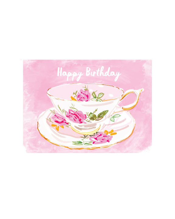 Illustrated teacup birthday greeting card with floral design and the text “Happy Birthday” by Rebecca Illustrated