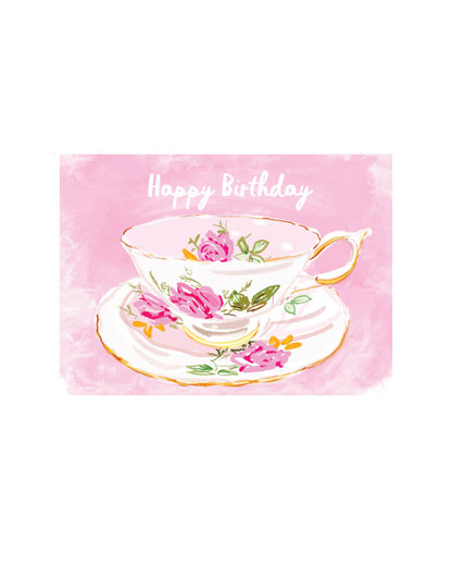 Illustrated teacup birthday greeting card with floral design and the text “Happy Birthday” by Rebecca Illustrated