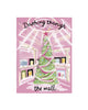 Christmas greeting card with an illustrated Christmas tree inside a pink mall atrium and the text “Dashing through the mall,” blank interior