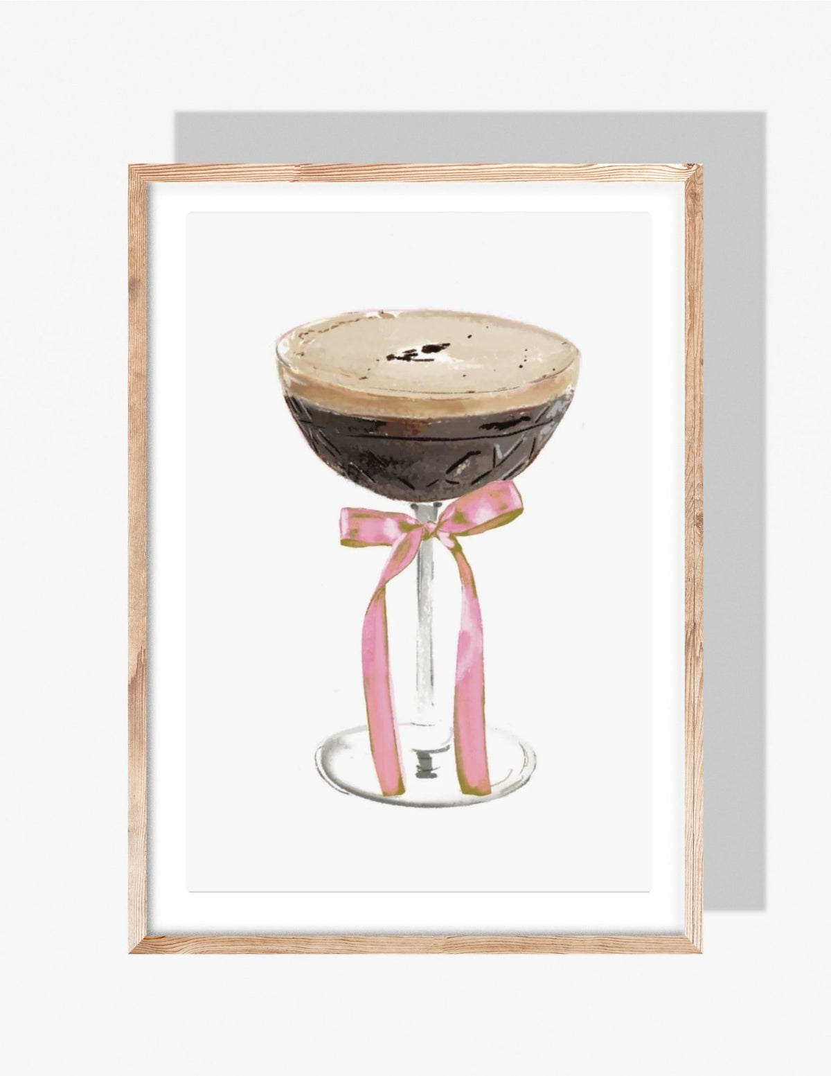 Watercolor illustration of an espresso martini in a coupe glass with a pink ribbon tied around the stem, by Rebecca Illustrated.