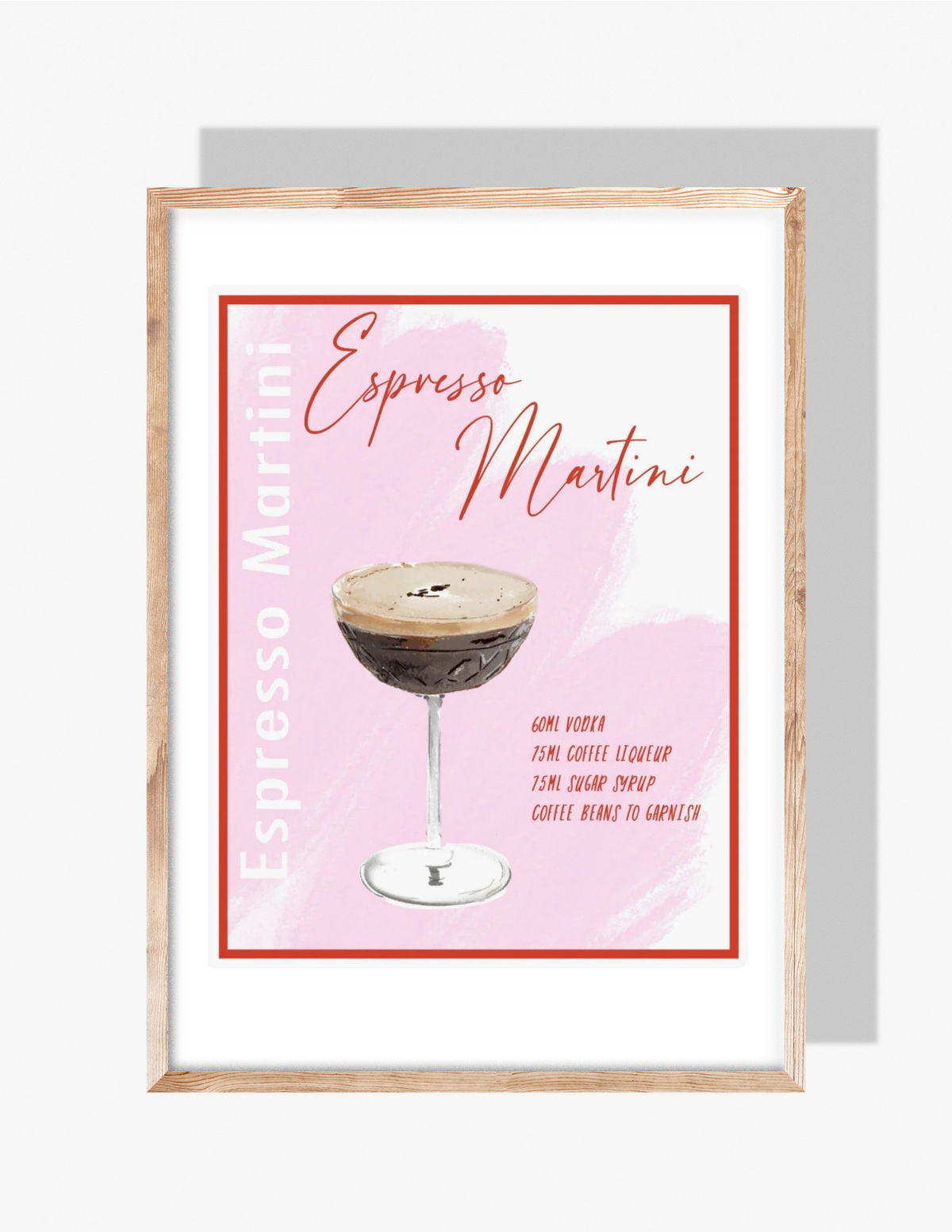 An Espresso Martini recipe illustration by Rebecca Illustrated, featuring a painted cocktail glass, pastel pink background, and handwritten ingredients.