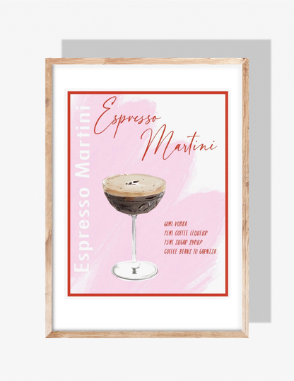 An Espresso Martini recipe illustration by Rebecca Illustrated, featuring a painted cocktail glass, pastel pink background, and handwritten ingredients.