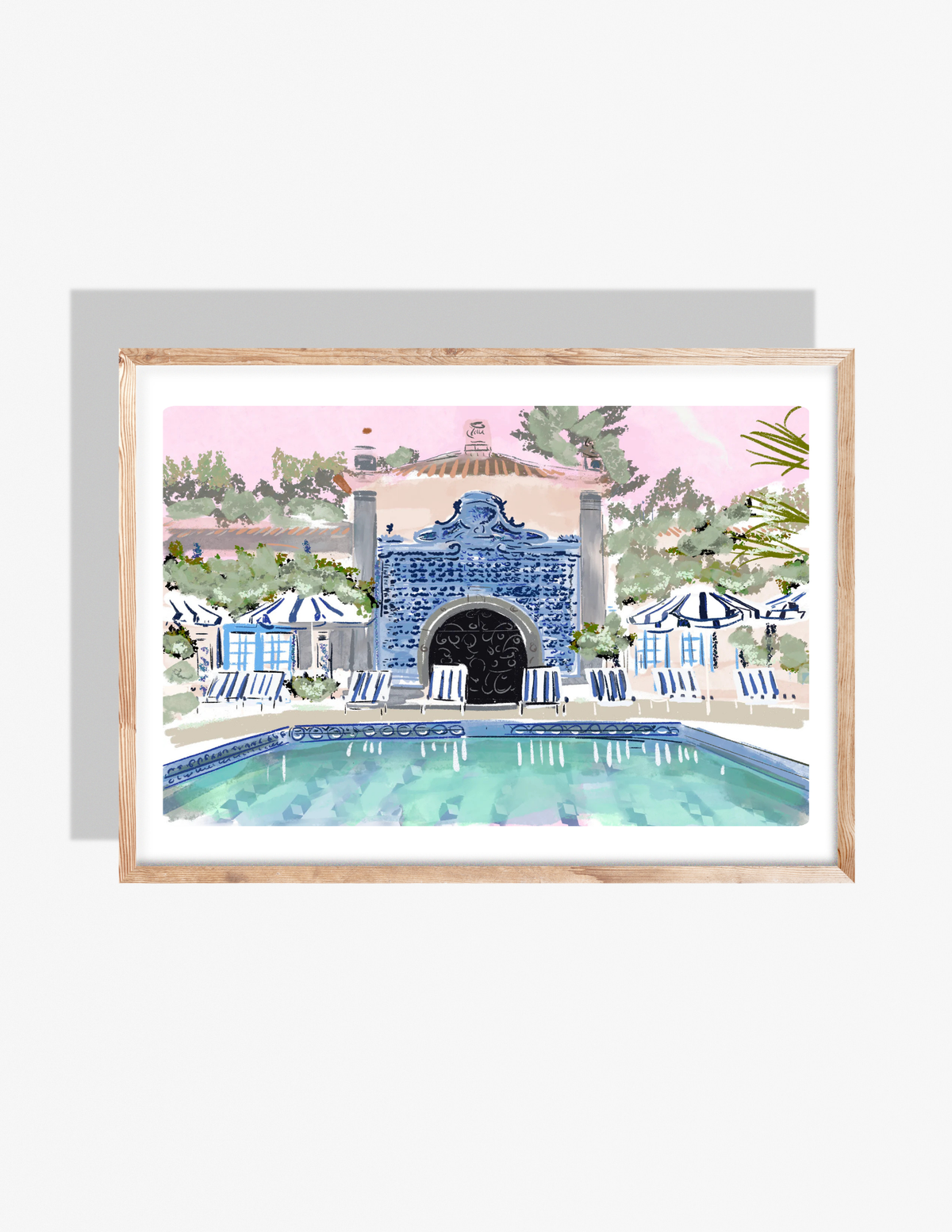 Illustration of a resort-style blue tile pool with striped cabanas, lounge chairs, greenery, and a pink sky, artwork by Rebecca Illustrated.
