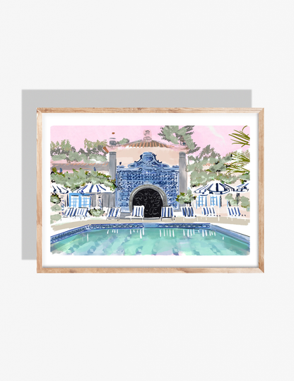 Illustration of a resort-style blue tile pool with striped cabanas, lounge chairs, greenery, and a pink sky, artwork by Rebecca Illustrated.
