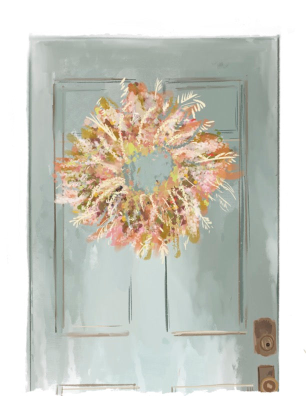 Painterly illustration of a pastel fall wreath hanging on a light blue front door, featuring soft autumn foliage in pink, gold, and cream tones. Decorative wreath on a door with a light blue background