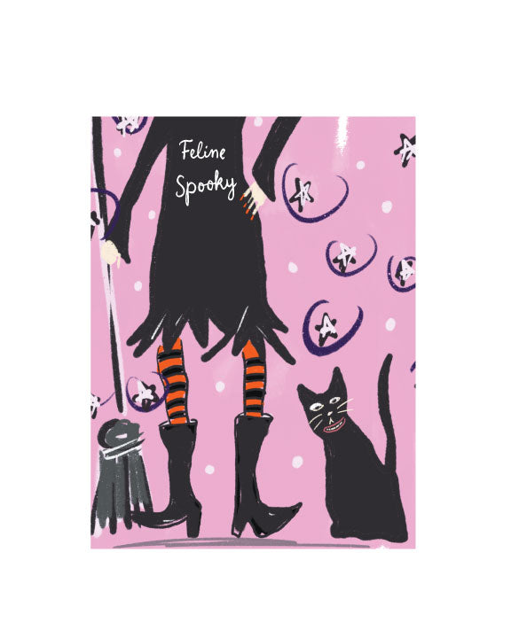 Halloween greeting card with an illustrated witch, black cat, striped stockings, and the words “Feline Spooky” on a pink background, blank interior