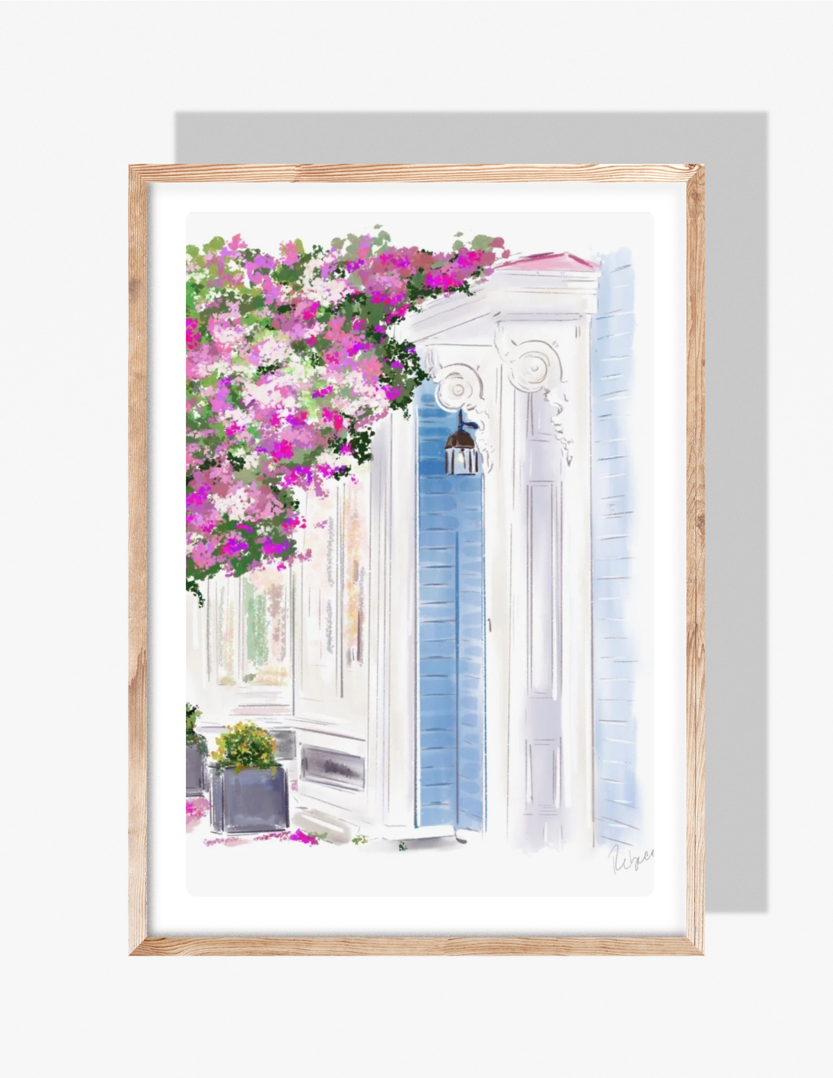 Pastel illustration of a blue and white house exterior with blooming pink and purple flowers cascading overhead, by Rebecca Illustrated