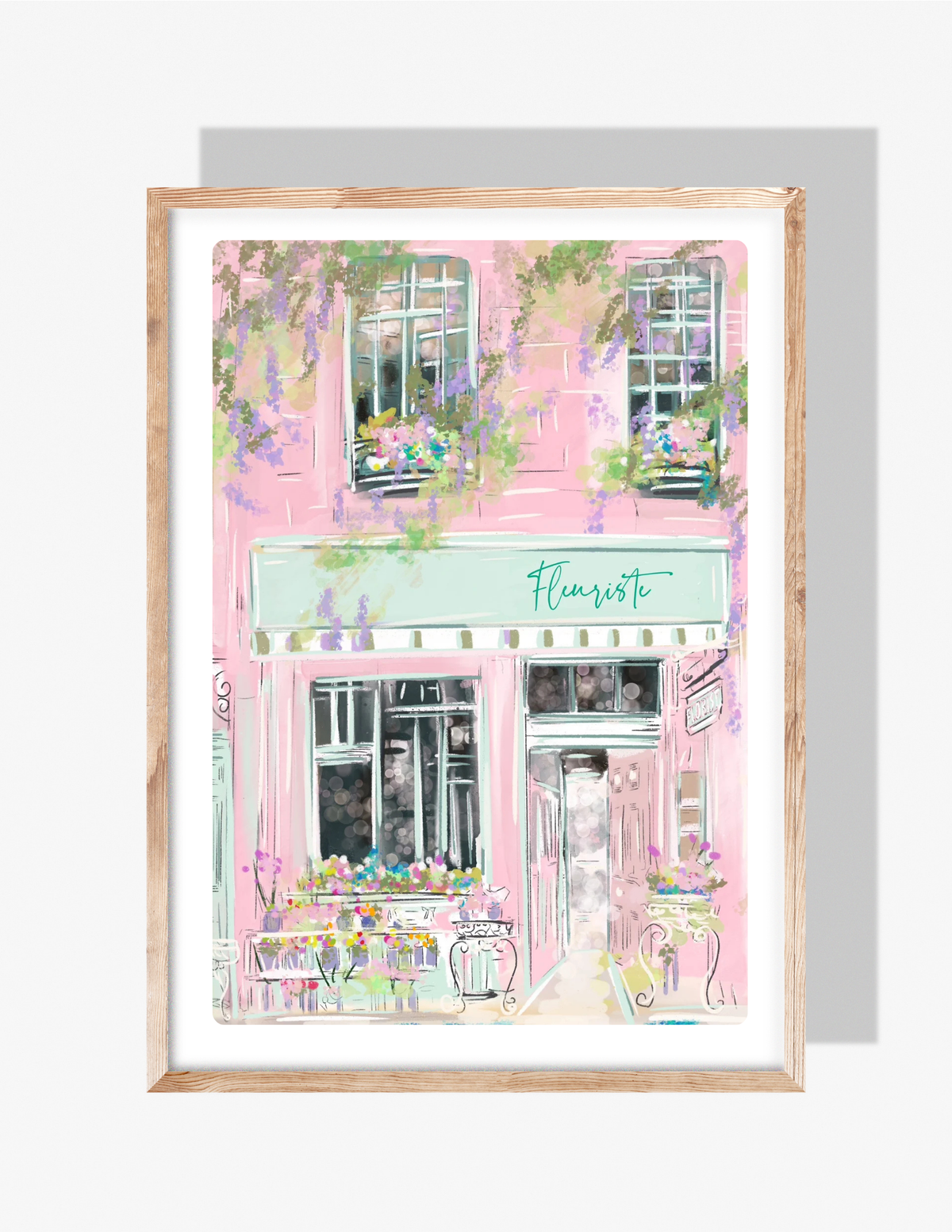 Illustration of a pink French flower shop with pastel florals, window boxes, and a mint green awning labeled 'Fleuriste,' artwork by Rebecca Illustrated.