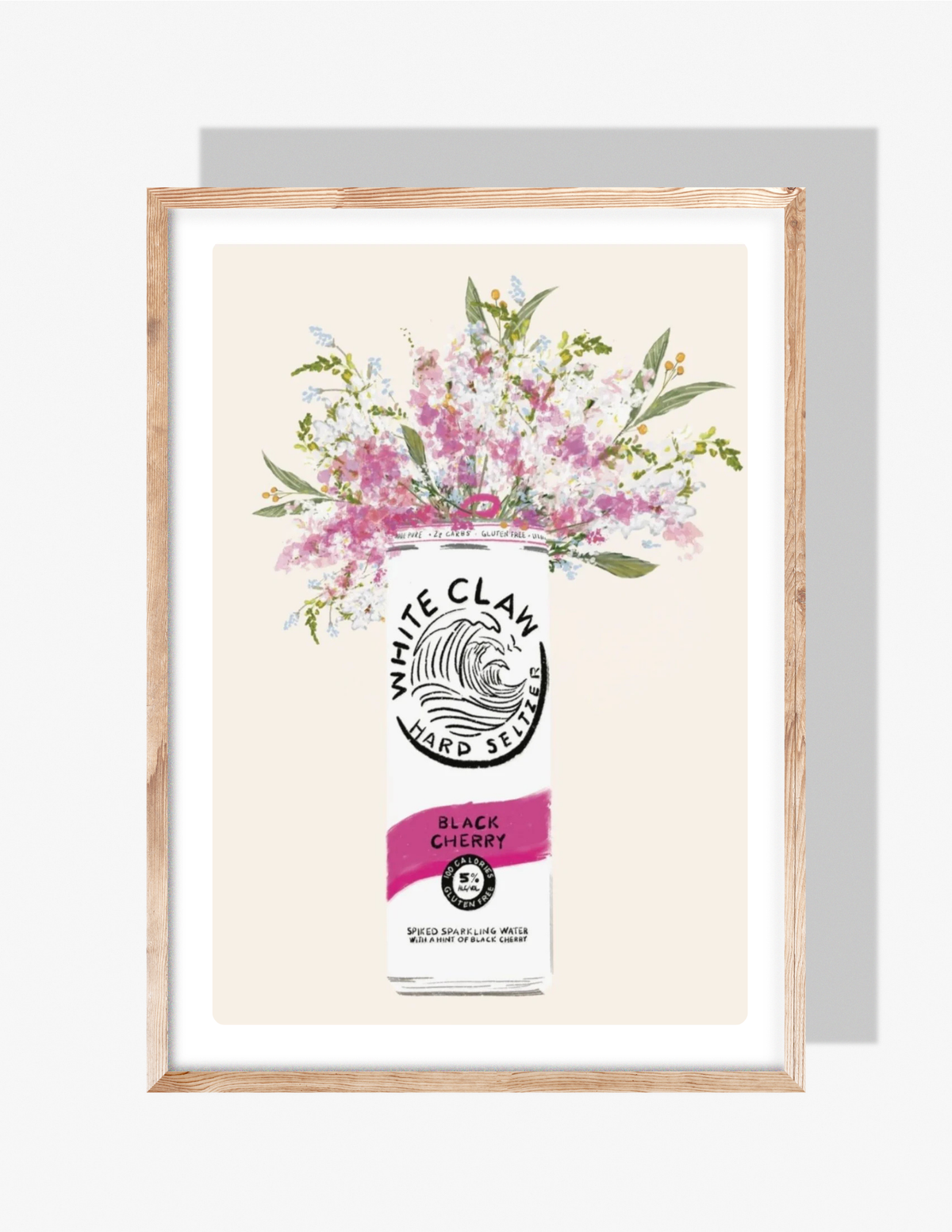 Illustration of a White Claw Black Cherry can filled with a bouquet of pink and white flowers, created by Rebecca Illustrated.