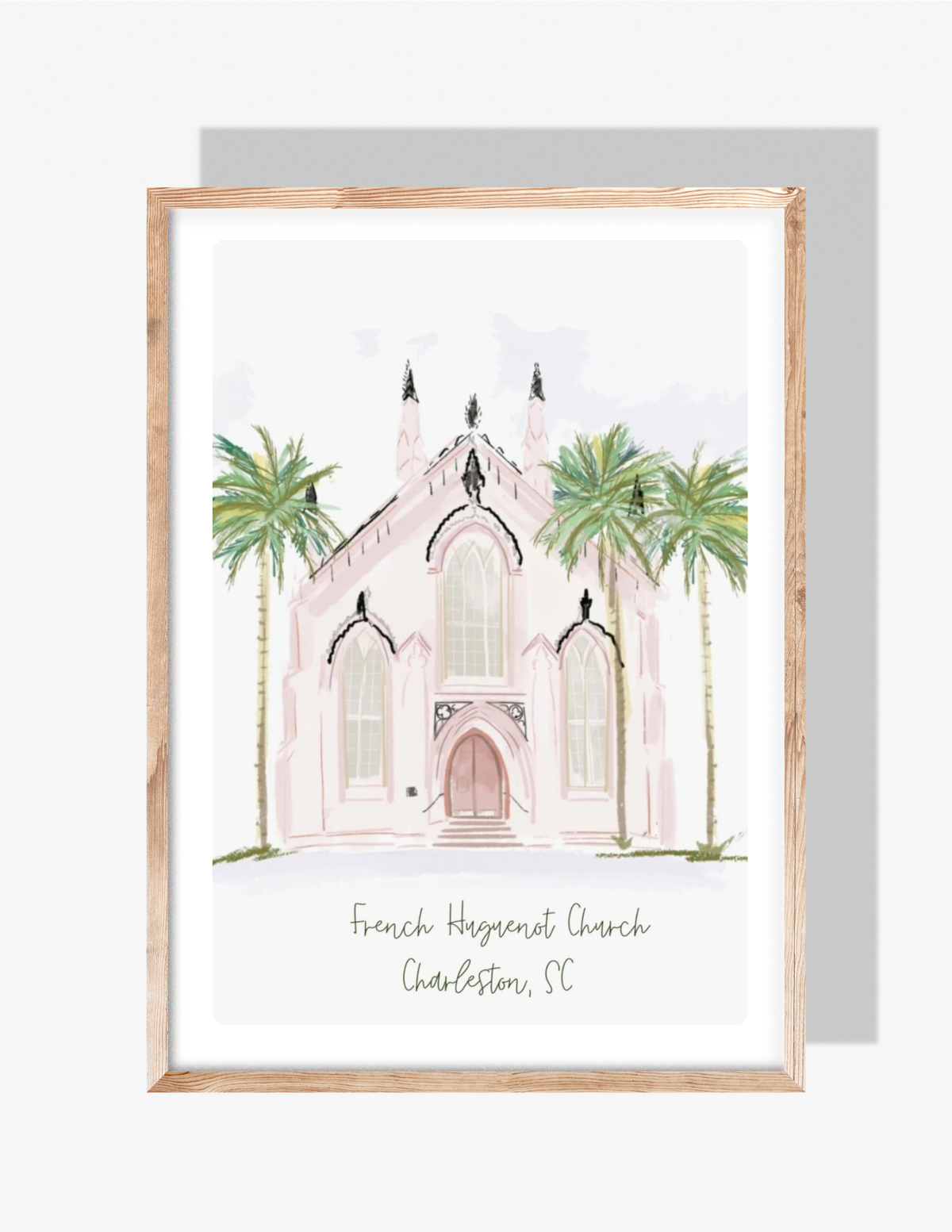 Pastel illustration of the French Huguenot Church in Charleston, SC, featuring pink Gothic Revival architecture and palm trees by Rebecca Illustrated.