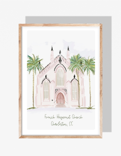 Pastel illustration of the French Huguenot Church in Charleston, SC, featuring pink Gothic Revival architecture and palm trees by Rebecca Illustrated.