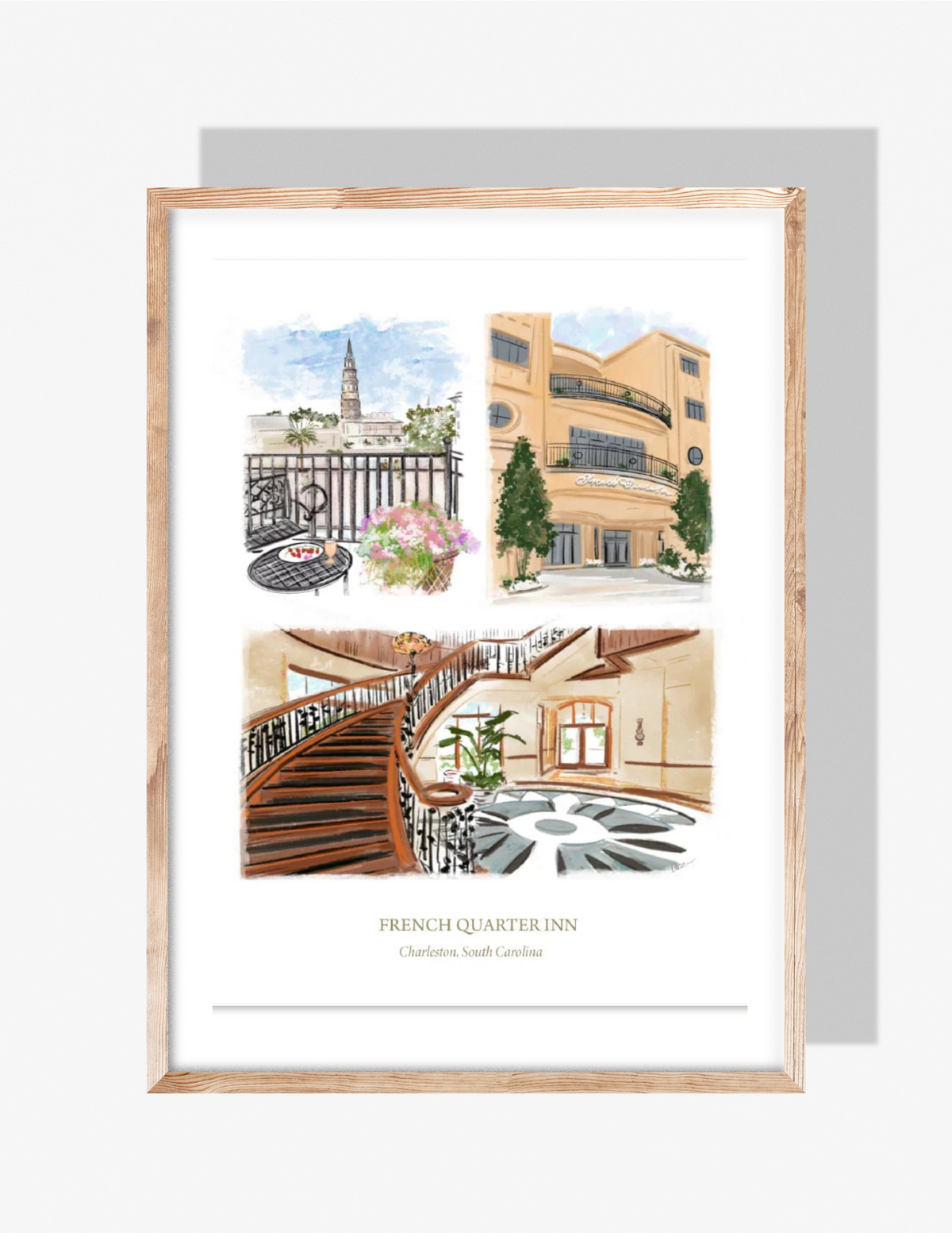 An illustrated collage by Rebecca Illustrated featuring the French Quarter Inn in Charleston, South Carolina, including a balcony breakfast scene, the hotel exterior, and the grand interior staircase.