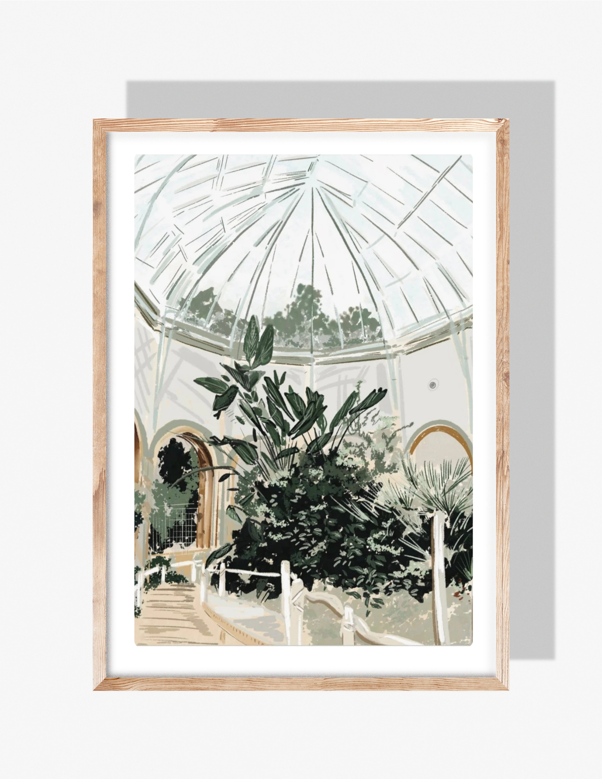 Illustration of a bright garden conservatory with a glass dome ceiling, lush tropical plants, and a curved walkway by Rebecca Illustrated.